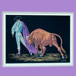 Velvet Matador Bullfighting Spanish Signed Painting VTG in Wooden Frame 13x17”